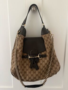 Gucci Beige Brown GG Canvas Shoulder Hobo with Dark Brown Leather Trim